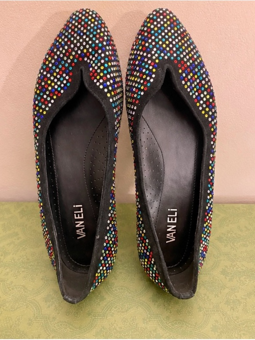 Vaneli Dazzling Black Swede Flats with Multicolor Studded Crystals